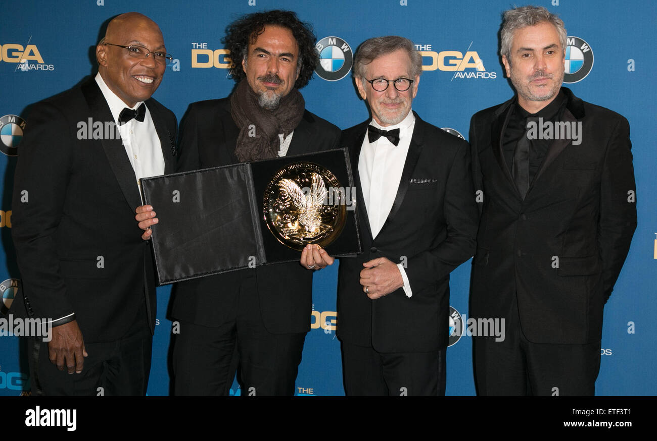 Prominente besuchen 67. jährlichen DGA Awards - Presseraum im Hyatt Regency Century Plaza.  Mitwirkende: Paris Barclay, Alejandro González Iñárritu, Steven Spielberg, Alfonso Cuarón Where: Los Angeles, California, Vereinigte Staaten von Amerika bei: Kredit-7. Februar 2015: Brian To/WENN.com Stockfoto