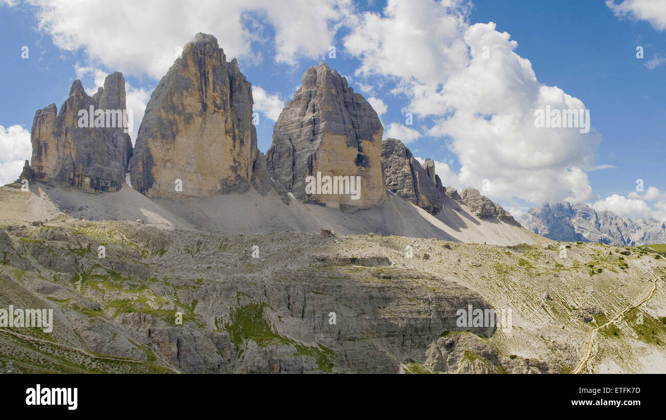 Panorama-Bild der Tre Cime di Lavaredo, Dolomiten, Italien. Stockfoto