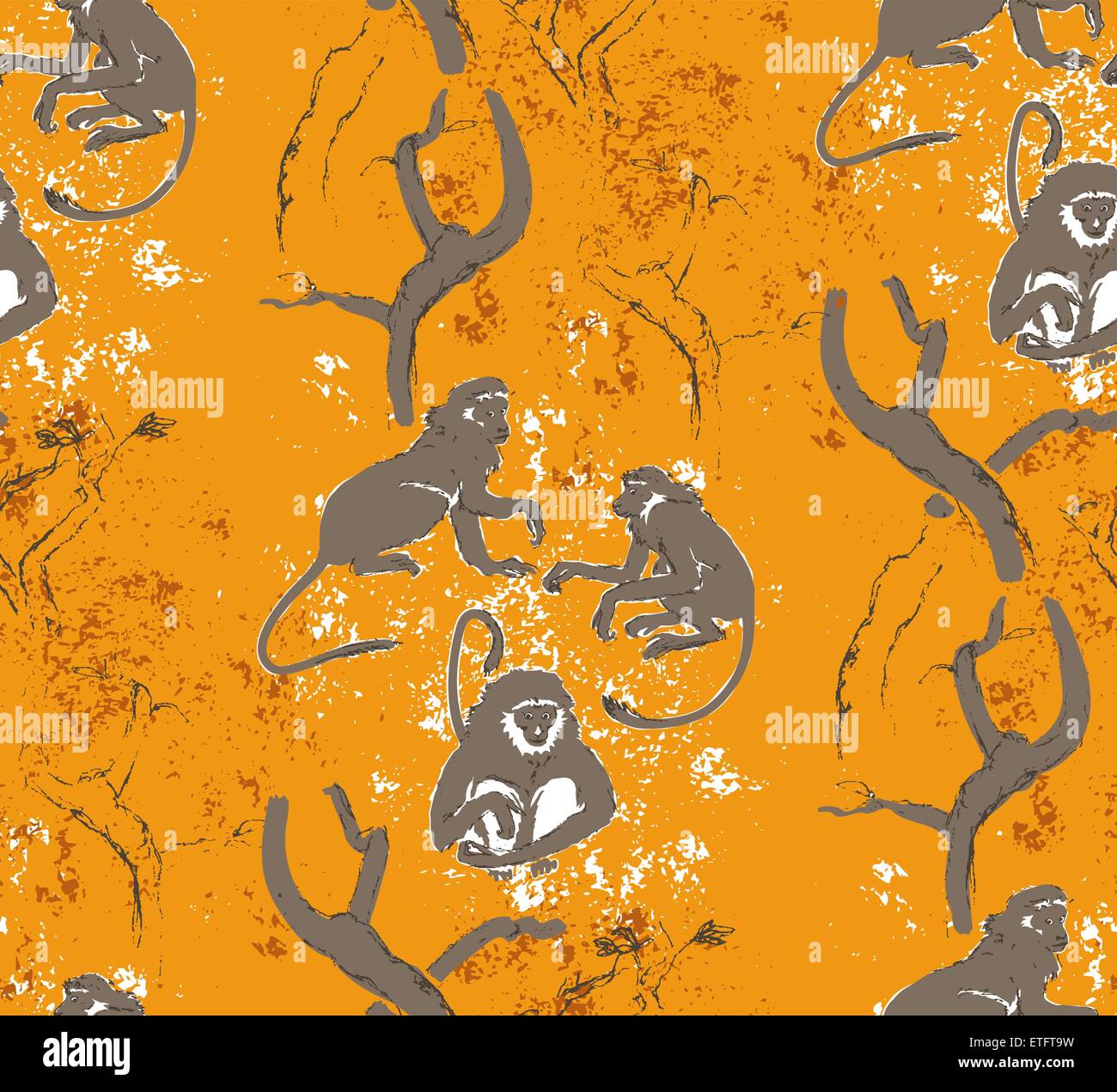 Abstract Grunge Musterdesign. Bäume und Affen. Exotische Wald Motiv Hintergrund Stock Vektor