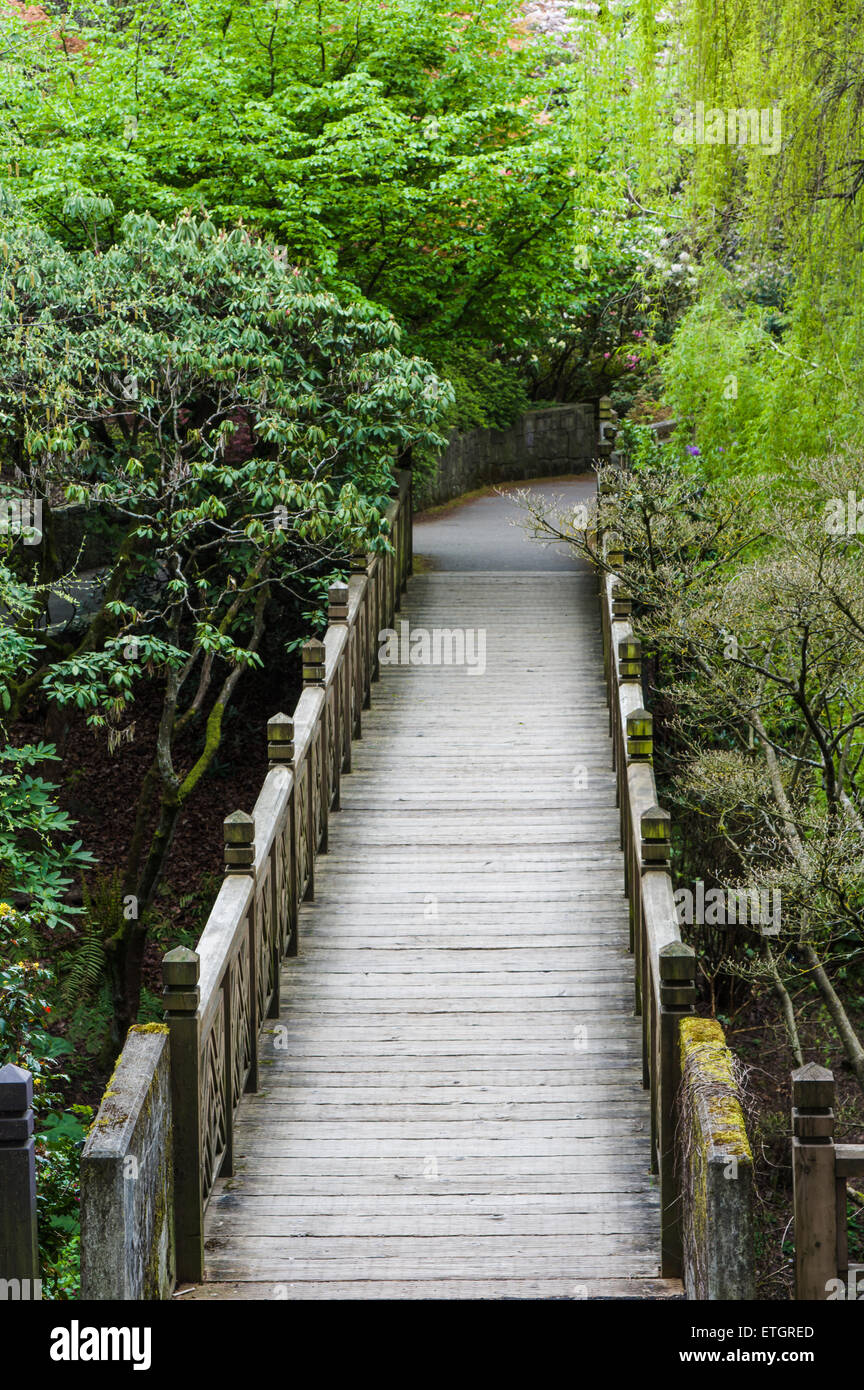 Hölzerne Brücke Gehweg durch einen Garten Stockfoto