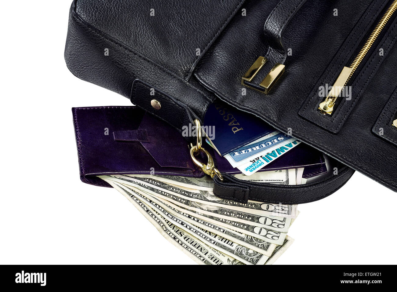 Inhalt der Handtasche verschüttet aufschlussreiche Pass, AHV-Ausweis, Führerschein, Brieftasche, US-Währung isoliert auf weiss Stockfoto