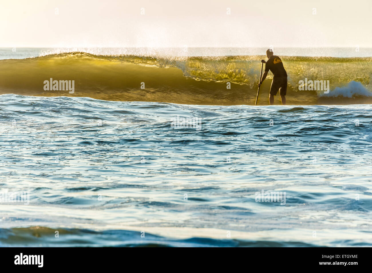 Ein Stand-up-Paddleboarder steht eine beleuchtete Welle wie er paddeln Sie in Jacksonville Beach, Florida, kurz nach Sonnenaufgang. Stockfoto