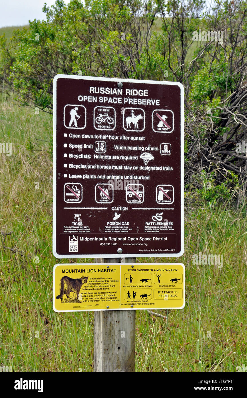 Russische Ridge Open Space zu bewahren Zeichen, California Stockfoto