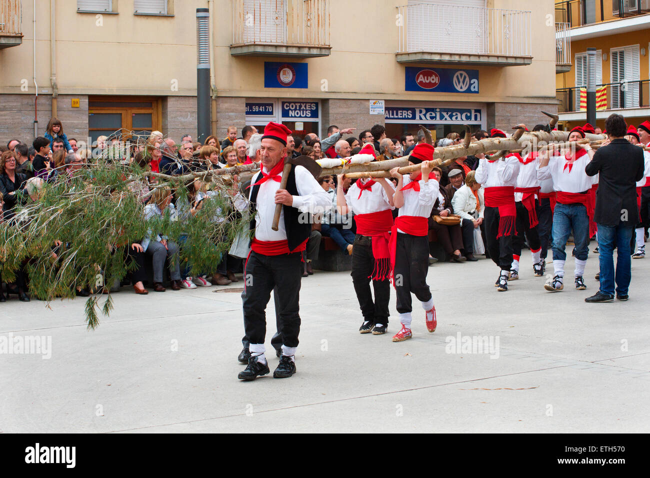 Festa de l ' Arbre ich Ball del Cornut in Cornellà de Terri. Stockfoto