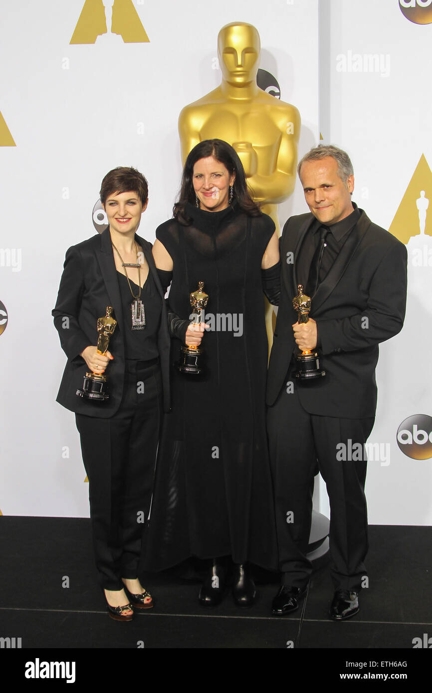 87. Annual Academy Awards - Presse-Lounge auf der Dolby Theater mit: Dirk Wilutzky, Laura Poitras, Mathilde Bonnefoy wo: Los Angeles, California, Vereinigte Staaten von Amerika bei: Kredit-22. Februar 2015: FayesVision/WENN.com Stockfoto