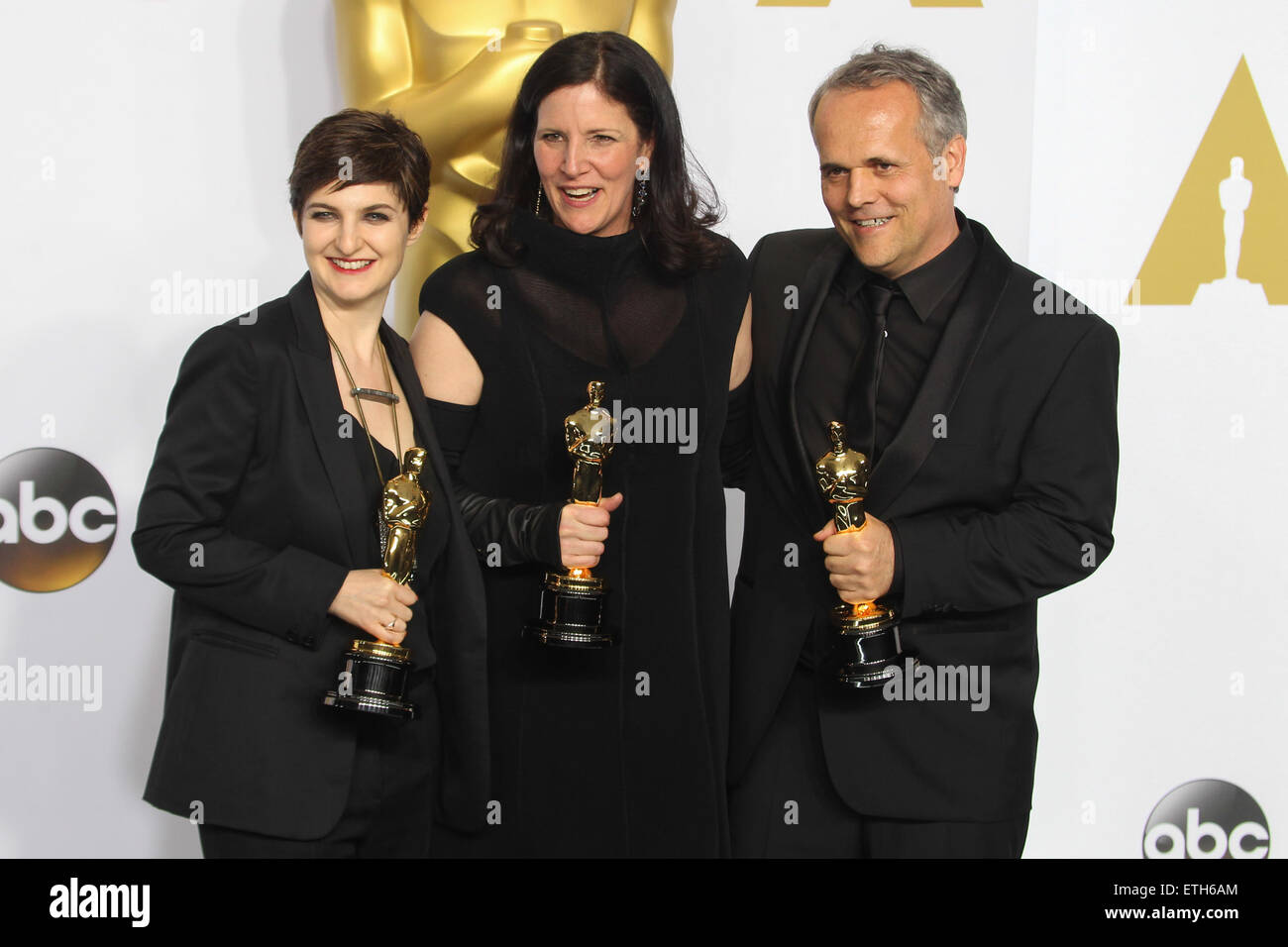 87. Annual Academy Awards - Presse-Lounge auf der Dolby Theater mit: Dirk Wilutzky, Laura Poitras, Mathilde Bonnefoy wo: Los Angeles, California, Vereinigte Staaten von Amerika bei: Kredit-22. Februar 2015: FayesVision/WENN.com Stockfoto