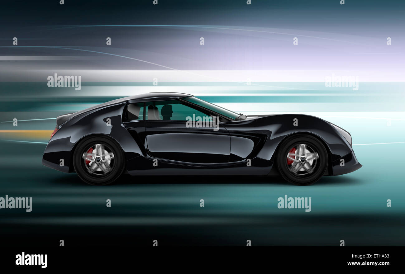 Seitenansicht des eleganten schwarzen Sportwagen mit Motion blur Hintergrund. 3D-Bild im original Design. Stockfoto