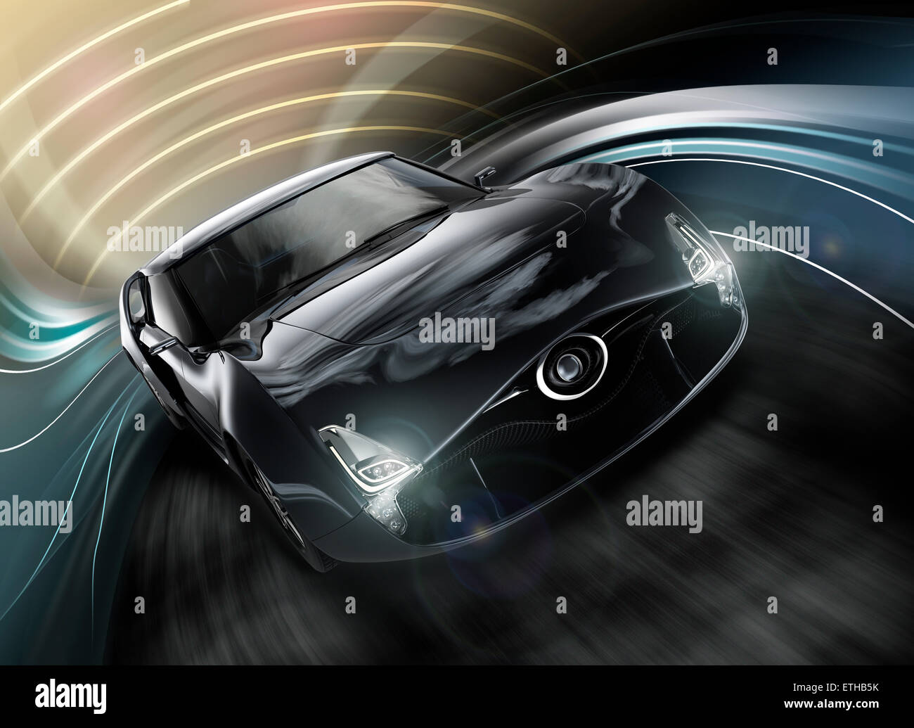 Vorderansicht des eleganten schwarzen Sportwagen mit dynamischen Grafik Hintergrund. 3D-Bild im original Design. Stockfoto