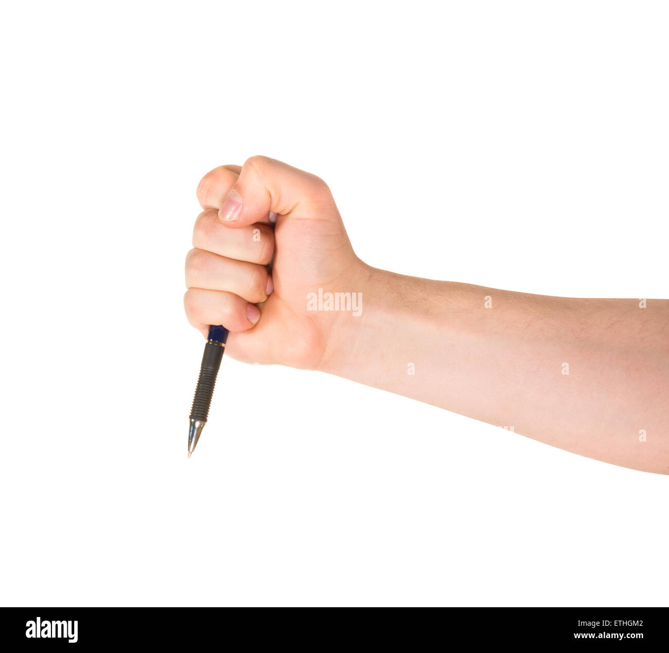 Hand hält einen Stift isoliert Stockfoto