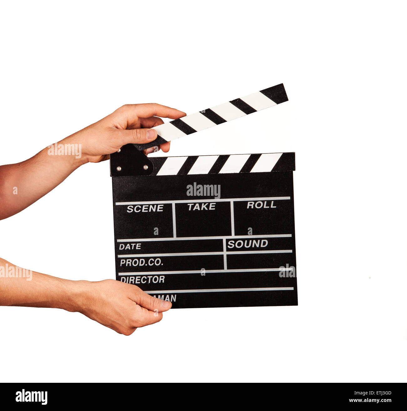 Mannhände halten Film Klöppel isoliert auf weißem Hintergrund Stockfoto