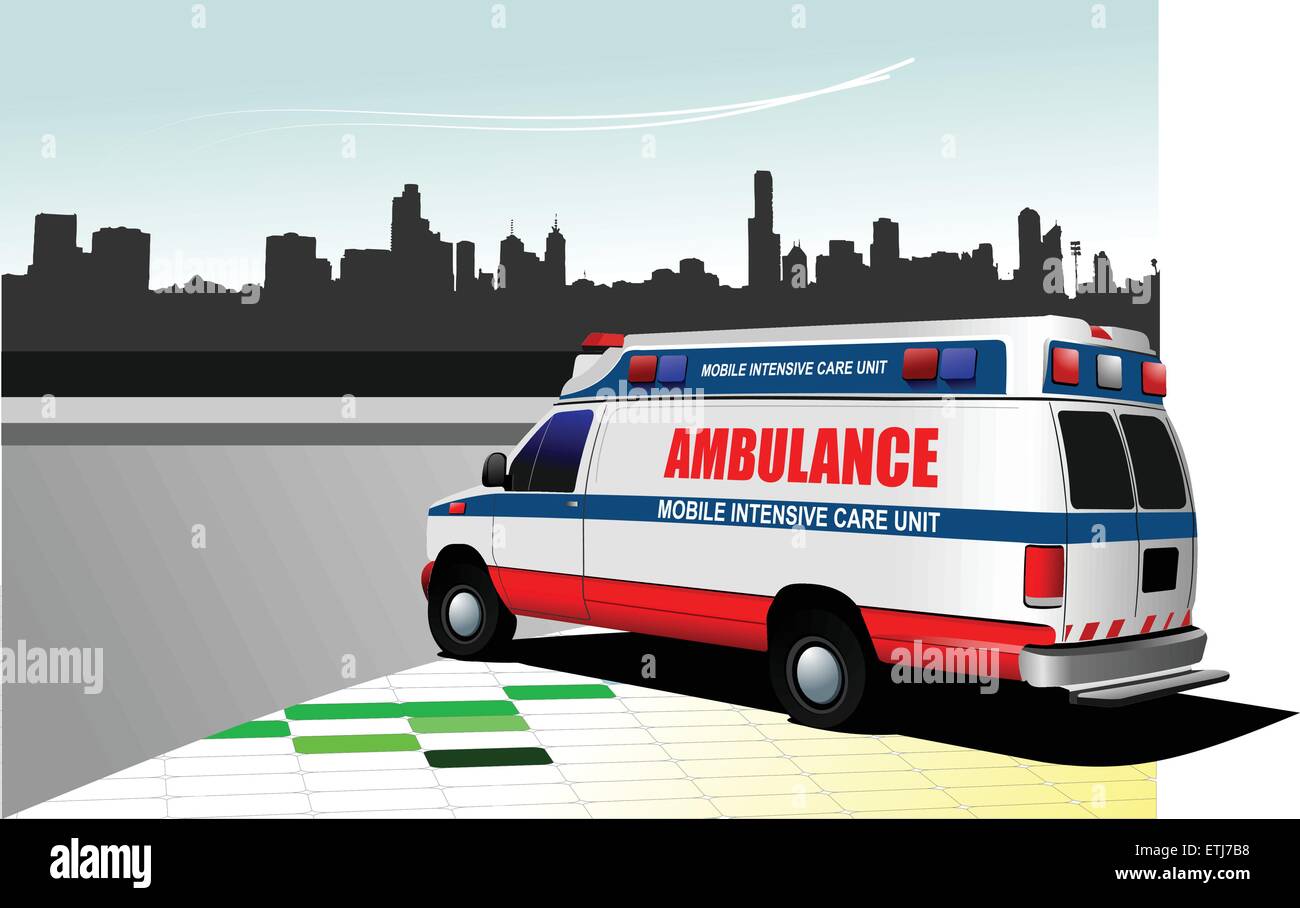 Moderne Krankenwagen van auf Stadt Hintergrund. Farbige Vektor-illustration Stock Vektor