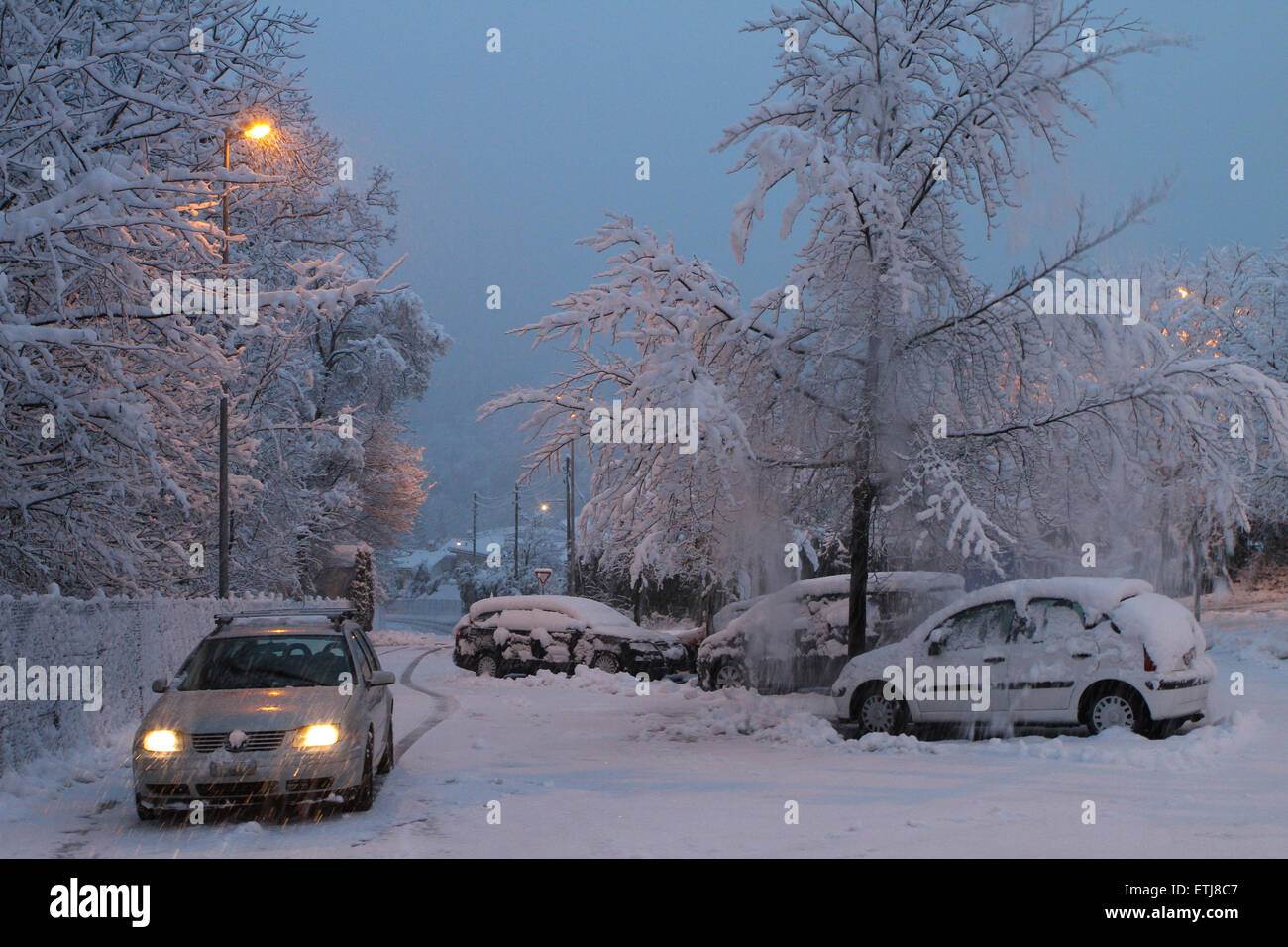 Schnee-Sturm-Nacht-Szene Stockfoto