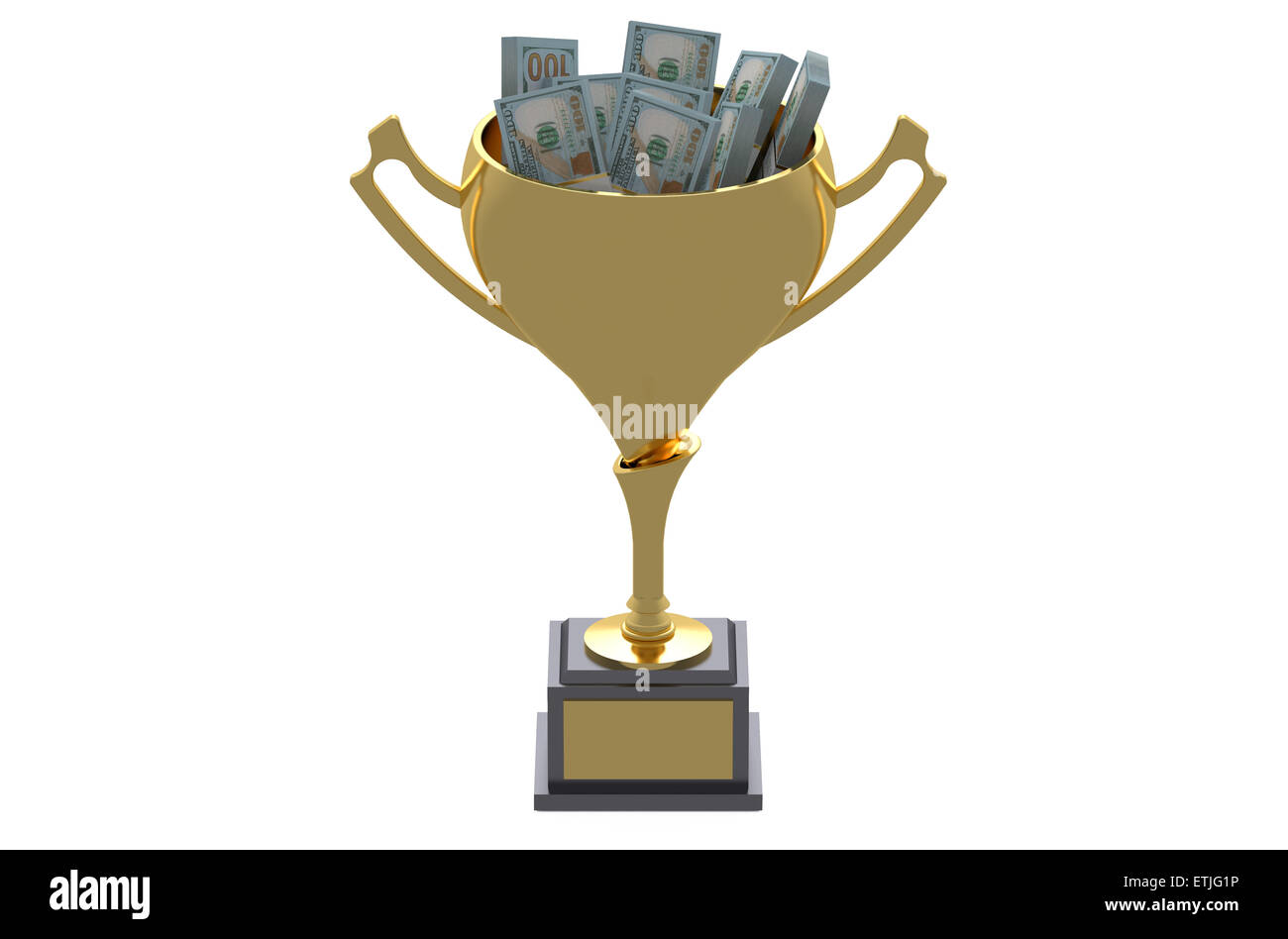 Gold-Trophäe mit Dollar isoliert auf weißem Hintergrund Stockfoto