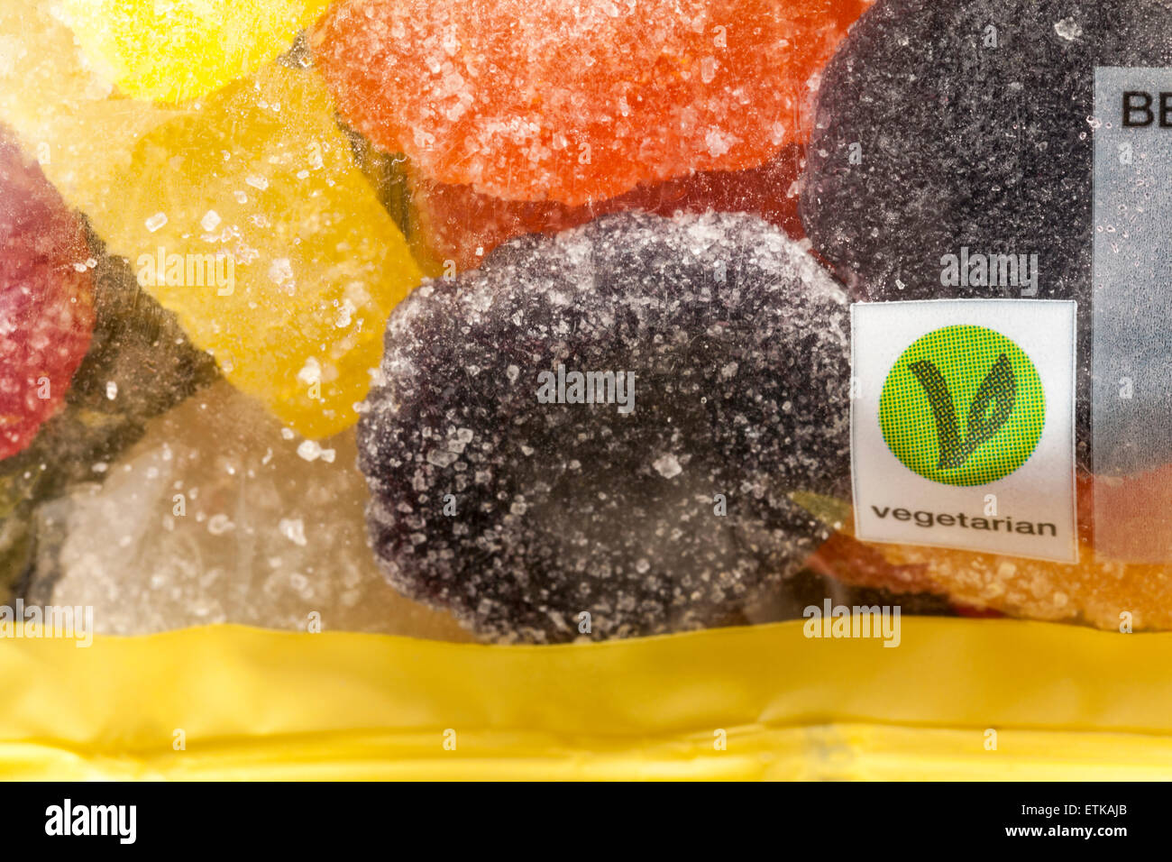 Vegetarische Symbol auf Pack von Marks & Spencer Veggie Obst Pastillen Gelatine kostenlose Süßigkeiten Stockfoto