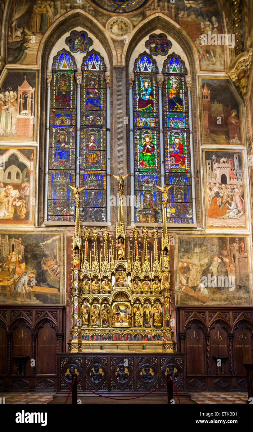 Wandmalereien von Giovanni di Pietro Falloppi in der Kapelle der Heiligen drei Könige, Basilika San Petronio, Bologna, Italien Stockfoto