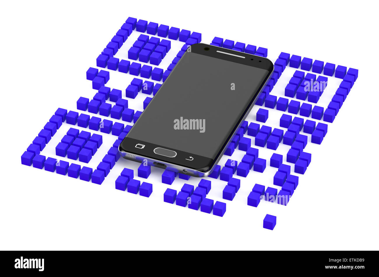 QR-Code-Zeichen und Smartphone isoliert auf weißem Hintergrund Stockfoto