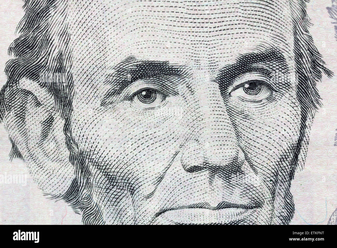 Abraham Lincoln-Makro-Detail auf fünf US-Dollar-Schein. Stockfoto