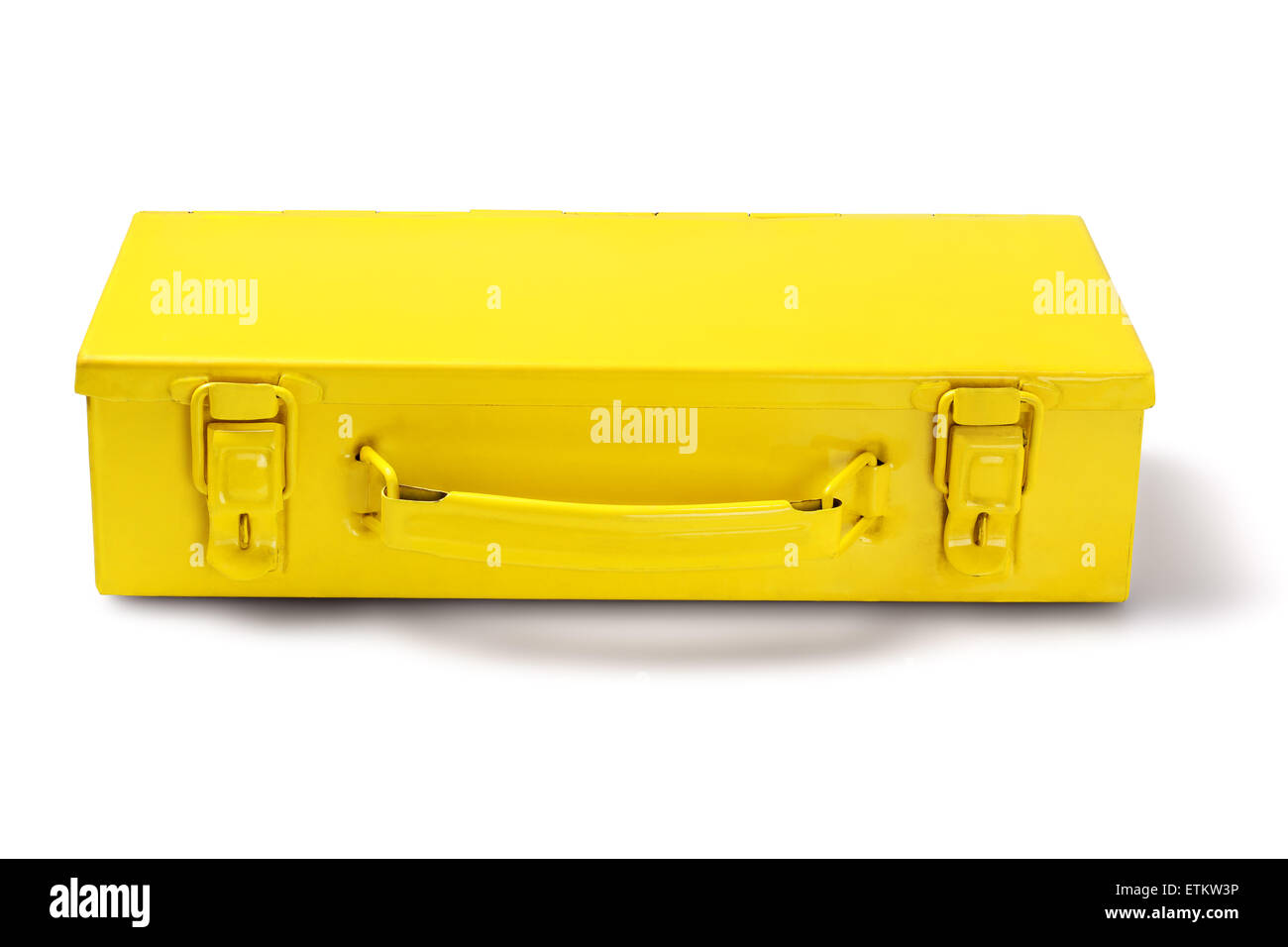 Gelbe Metall Werkzeugkasten auf weißem Hintergrund Stockfoto