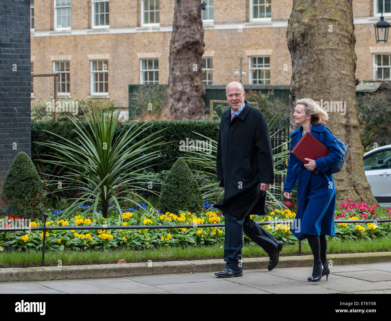 Chris Grayling, Lordkanzler und Staatssekretär für Justiz und Liz Truss, Staatssekretär für Umwelt, Ernährung und ländliche Angelegenheiten, die Ankunft in einer Kabinettssitzung in 10 Downing Street Featuring: Chris Grayling und Liz Truss bei: Kredit-10. März 2015: Peter Maclaine/WENN.com Stockfoto