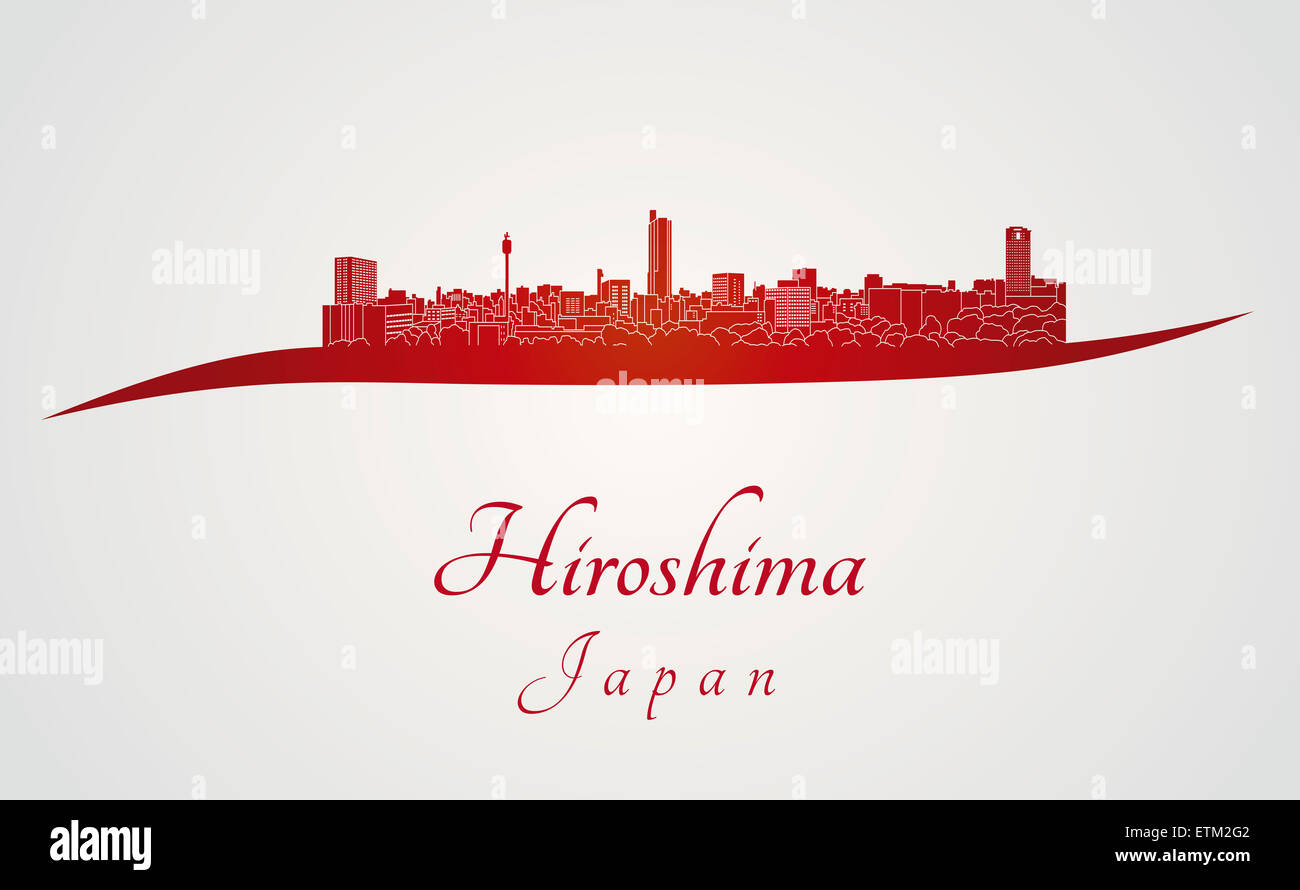 Hiroshima-Skyline im roten und grauen Hintergrund in bearbeitbare Vektordatei Stockfoto