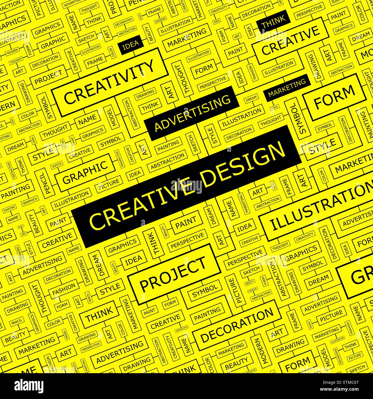 KREATIVES DESIGN. Wort-Wolke-Abbildung. Tag Cloud-Konzept Collage. Stock Vektor