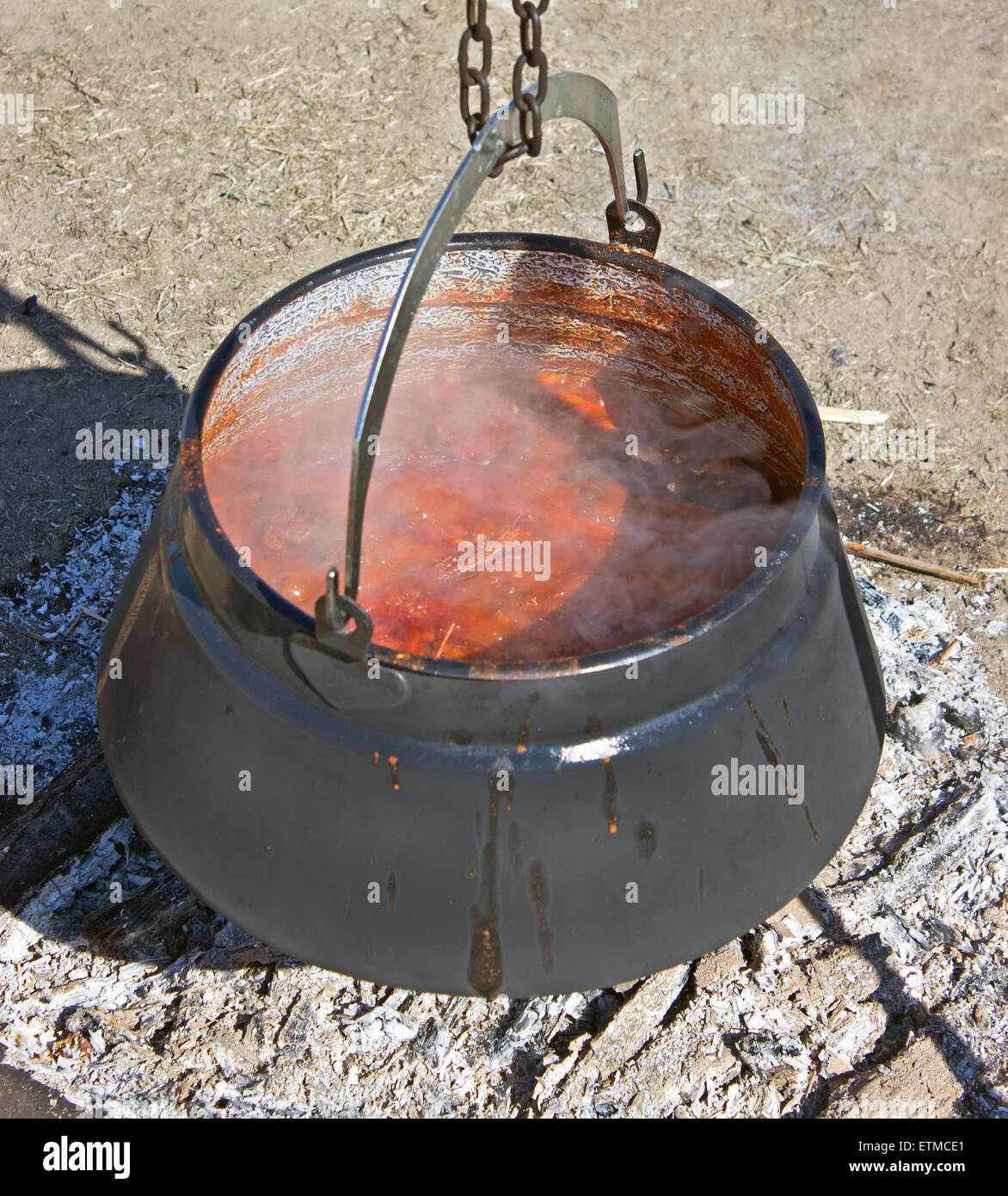 Im Topf auf dem Feuer kochen Fischsuppe Stockfoto