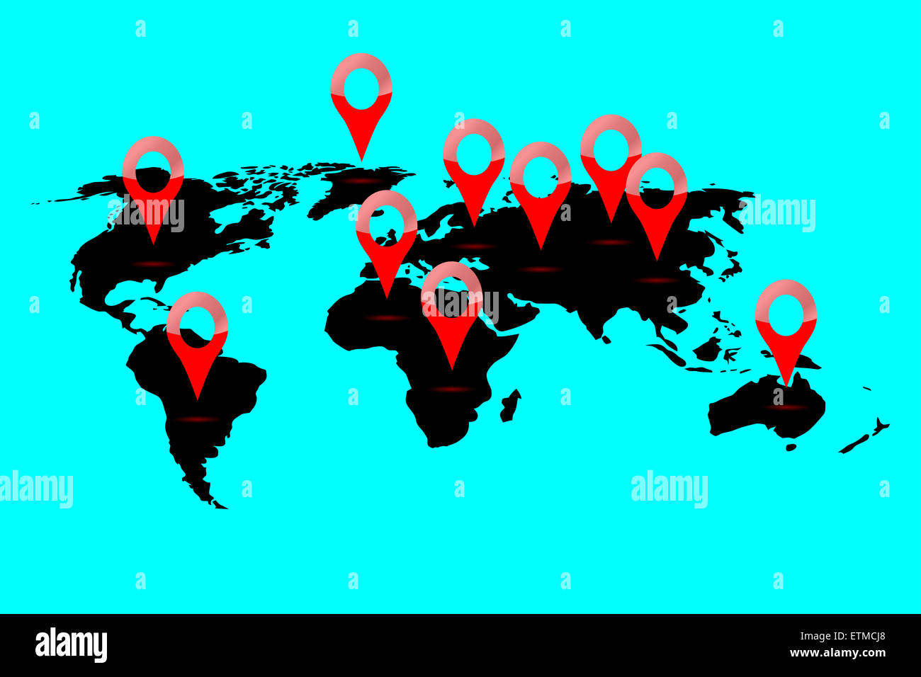 Welt Karte Lage. Kontinent zu lokalisieren und GPS-Position, Zeiger Navigation, Marker und Planeten, Vektor Grafik Illustration Stockfoto