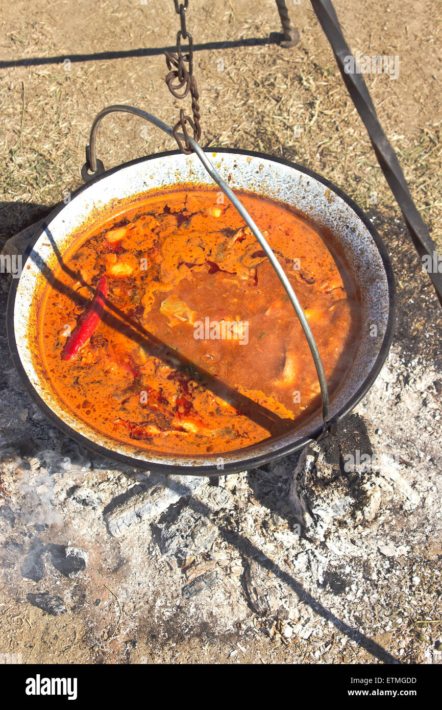 Im Topf auf dem Feuer kochen Fischsuppe Stockfoto