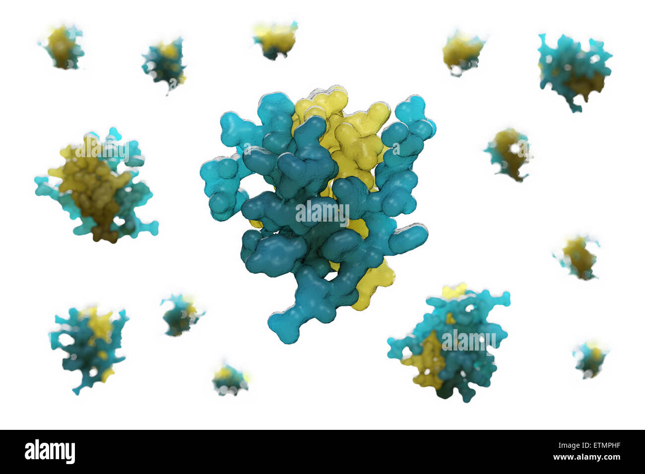 Stilisierte Illustration des 2HIU Insulin, ein Hormon, das Glucose-Absorption im Rahmen des Stoffwechsels verursacht. Stockfoto