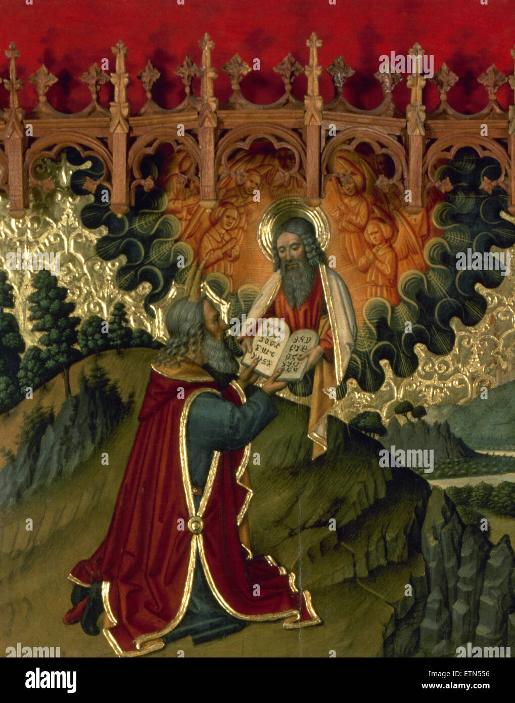 Jaume Huguet (1412-1492). Katalanisch-gotischen Maler. Altarbild der Verklärung. Gott gibt Moses die Gesetzestafeln. Tortosa Kathedrale, 1466-1475. Katalonien. Spanien. Stockfoto