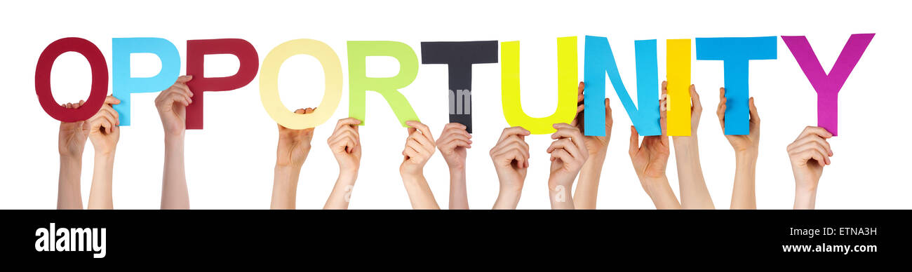 Hände halten gerade bunte Wort Gelegenheit Stockfoto