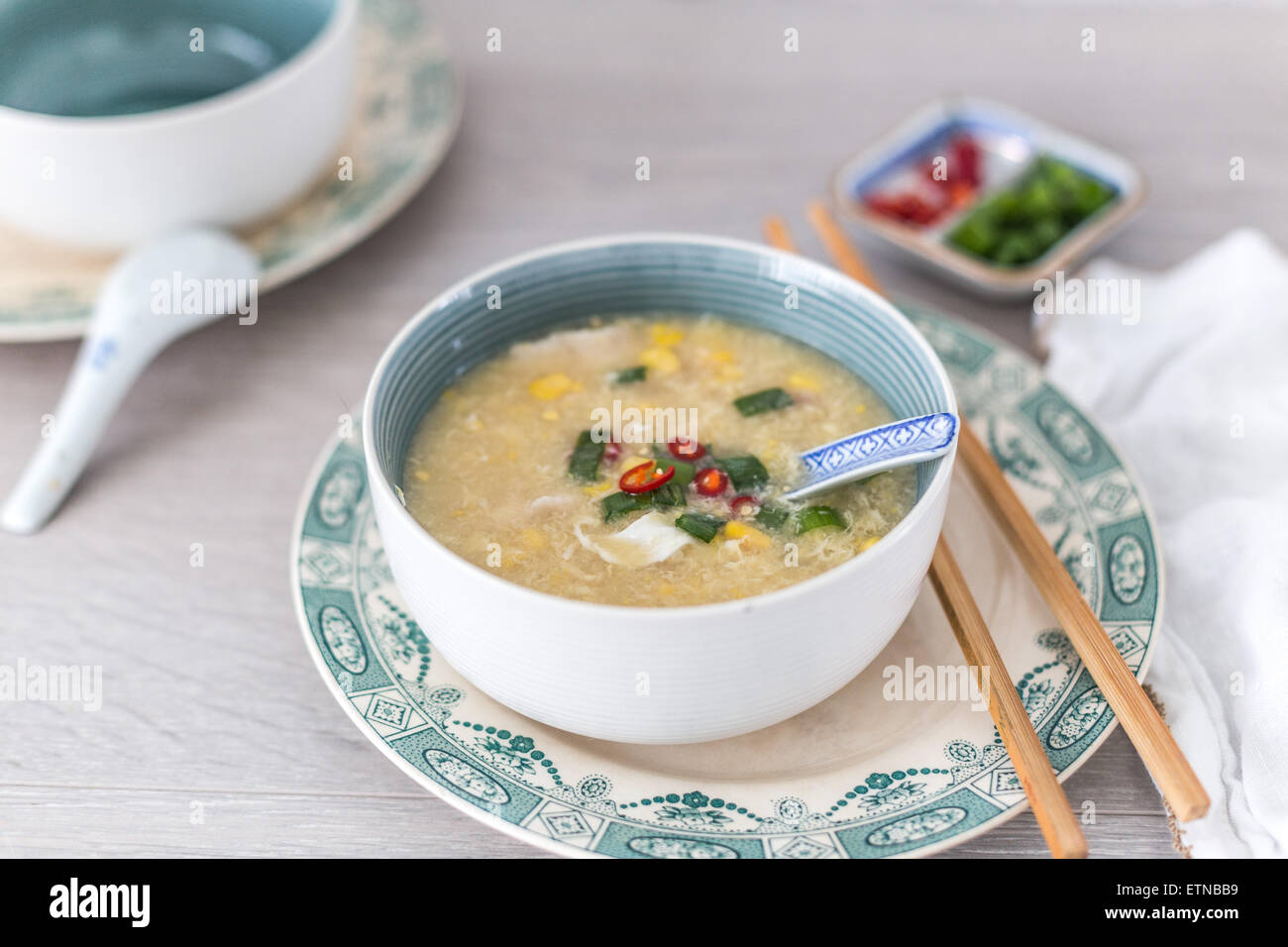 Chinese Chicken und Mais Suppe Stockfoto