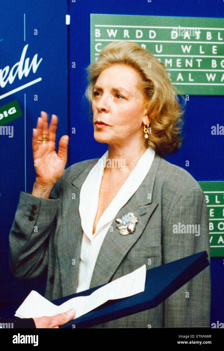 Lauren Bacall, Hollywood-Legende im Alter 66, ihrem ersten Besuch in Wales, 24. Mai 1991. Miss Bacall ist in Wales als Bestandteil der Hay on Wye Festival of Literature. Abgebildet auf News-Pressekonferenz der ländlichen Wales Künstler-Portfolio im Llangoedmor Hotel in der Nähe von Brecon zu starten. Stockfoto