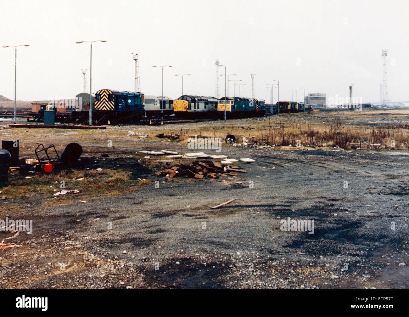 Die Rangierbahnhöfe in Thornby mit verschiedenen Lokomotiven im Hintergrund, 23. September 1992. Stockfoto