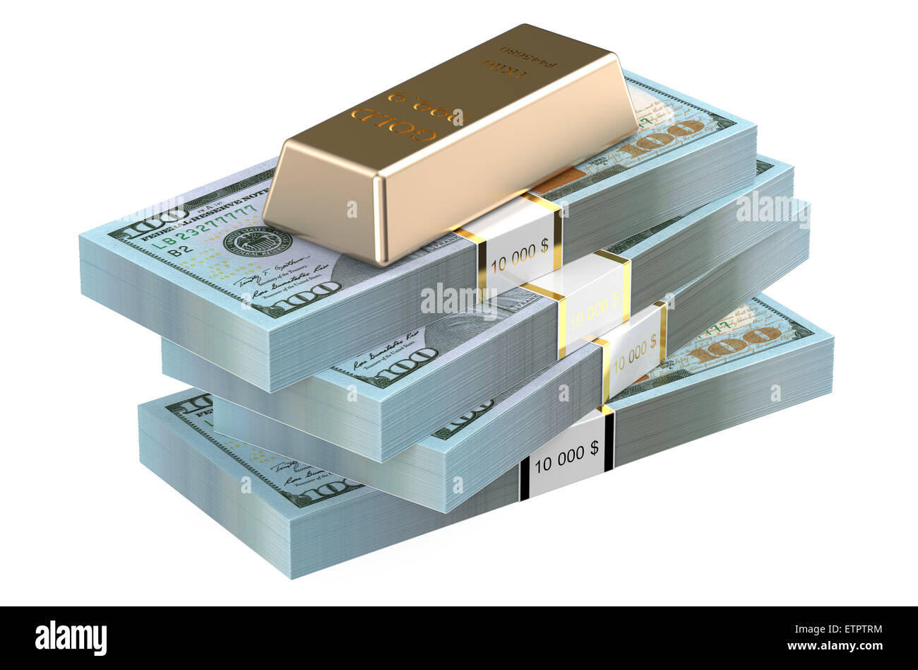 Packungen mit Dollar und Goldbarren isoliert auf weißem Hintergrund Stockfoto