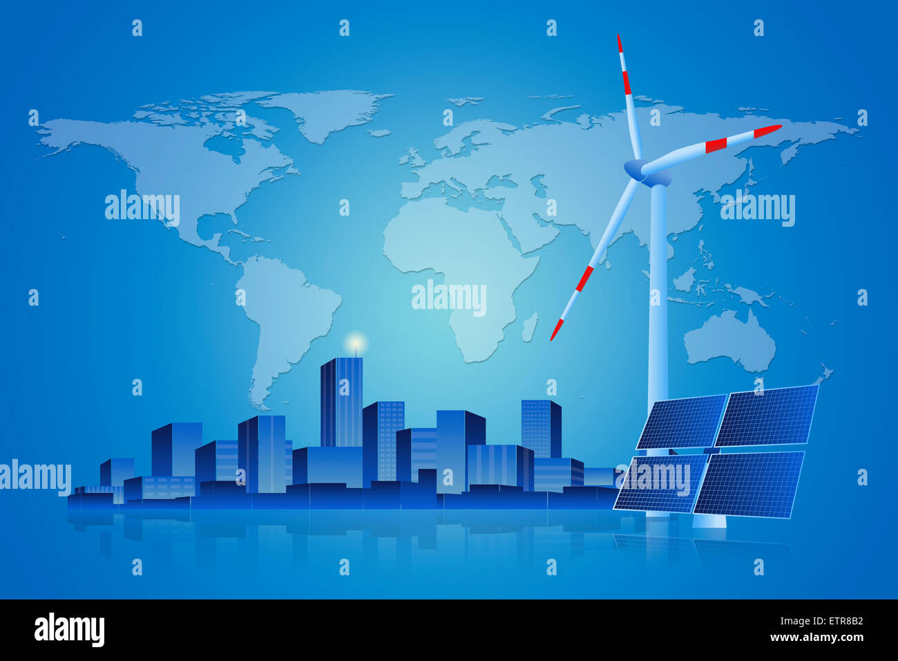 Konzept der Solar-Panel und Windkraftanlage mit Stadtbild auf der Weltkarte. Stockfoto