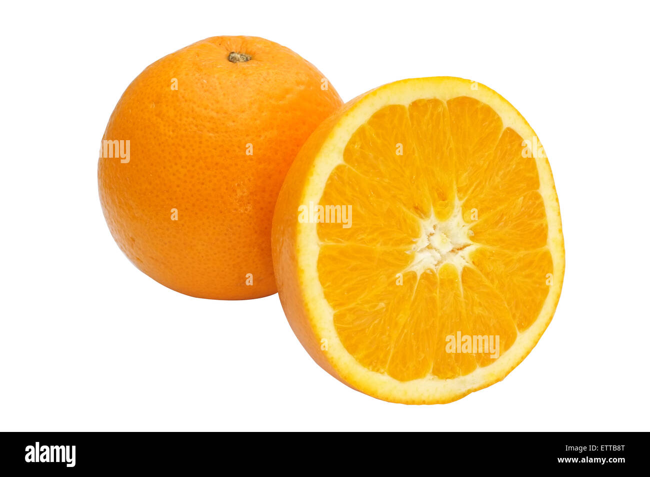 Orange und Orangenscheibe isoliert auf weißem Hintergrund Stockfoto