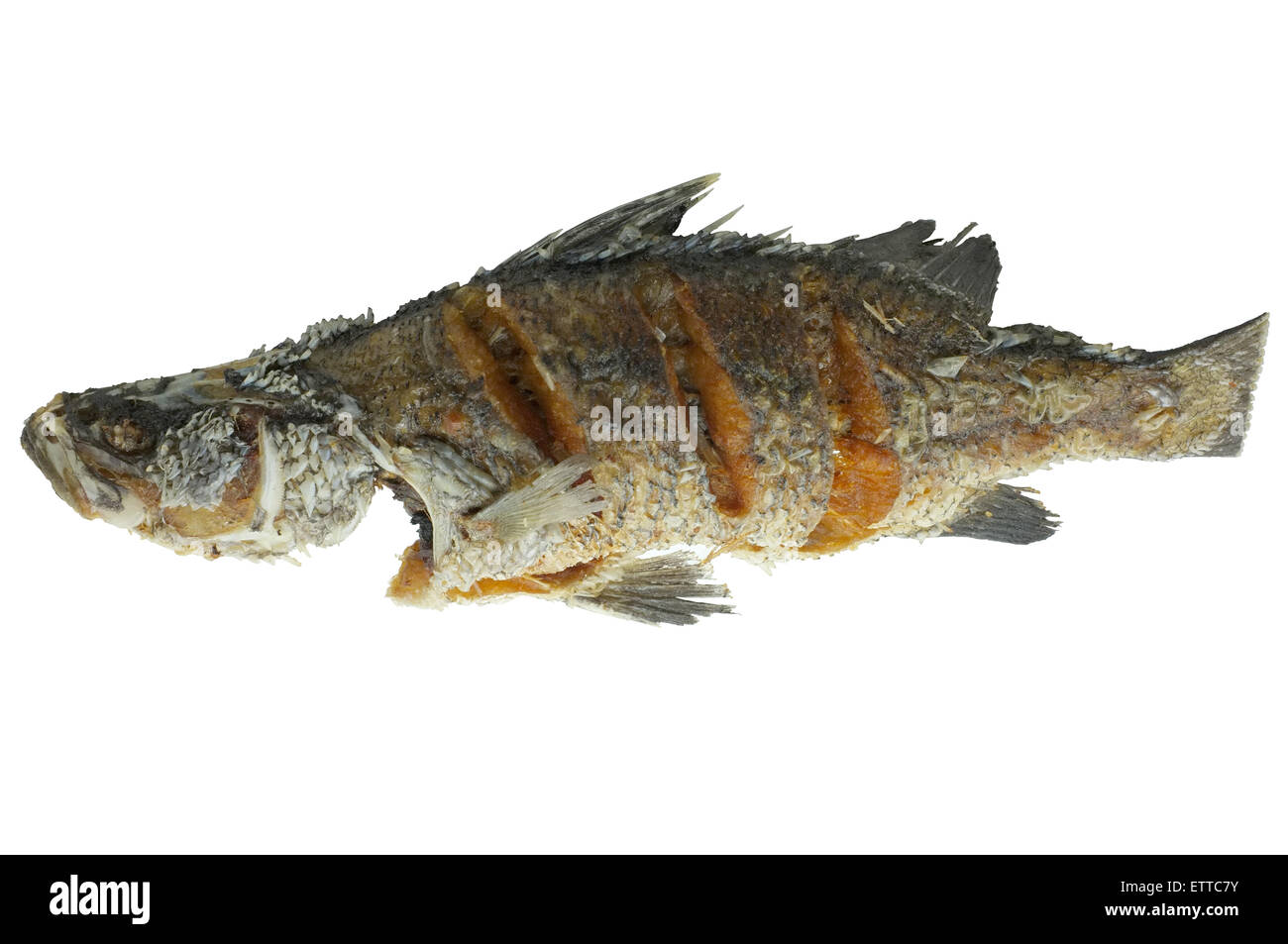 Ein frittiertem Fisch isoliert auf weißem Hintergrund Stockfoto