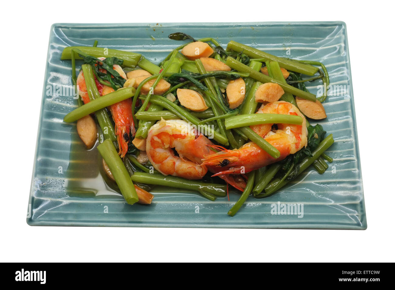 Gebratener Wasserspinat rühren / Morning Glory mit Garnelen / Meeresfrüchte, Thai-Küche Stockfoto