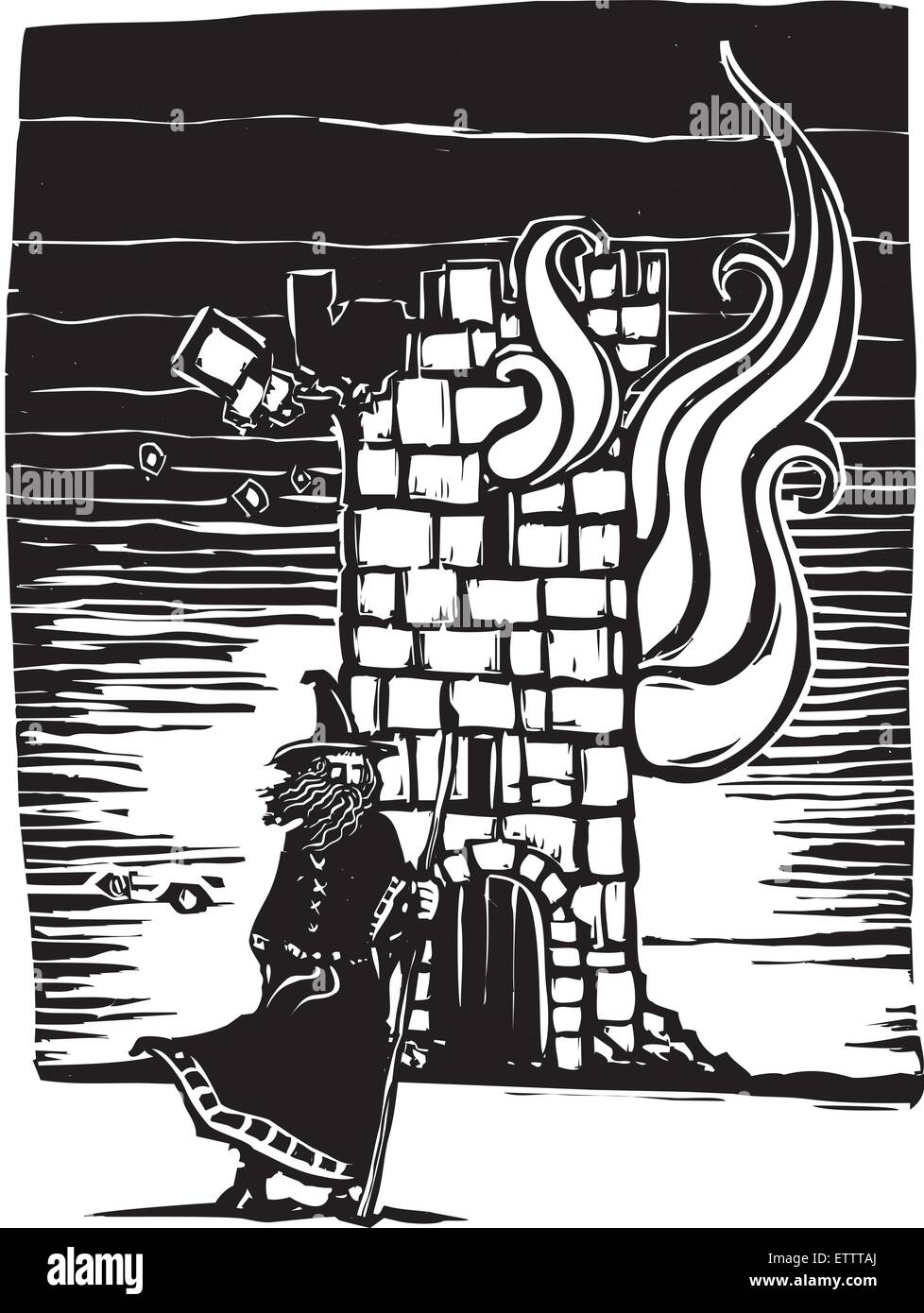 Holzschnitt-Stil Bild eines Zauberers vor brennenden Schlossturm steht. Stock Vektor