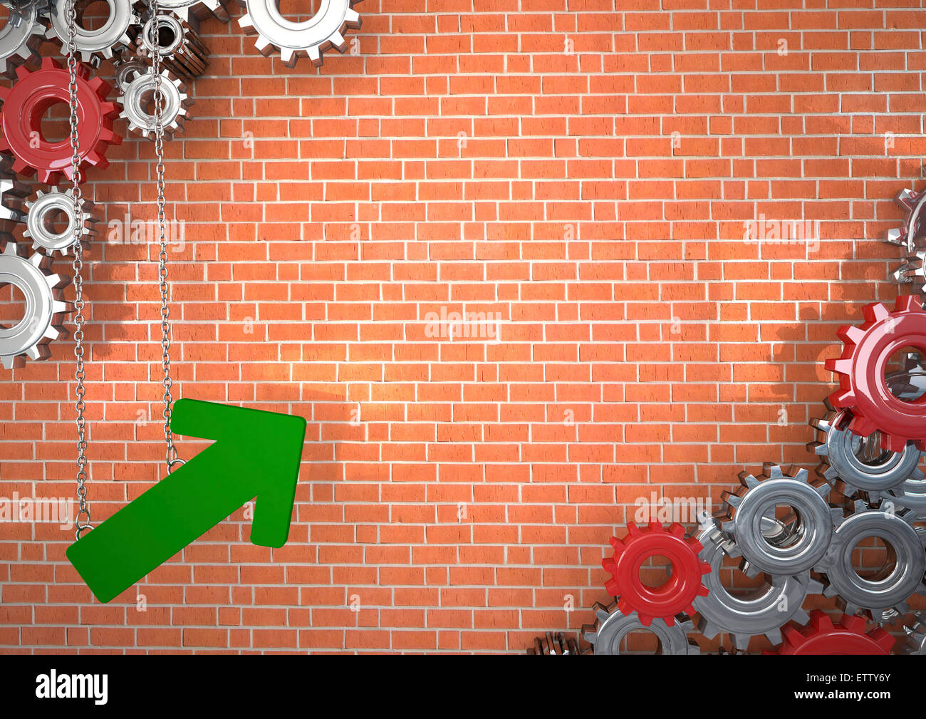 3D Illustration, industrielles Wachstum, grüner Pfeil und Zahnräder Stockfoto