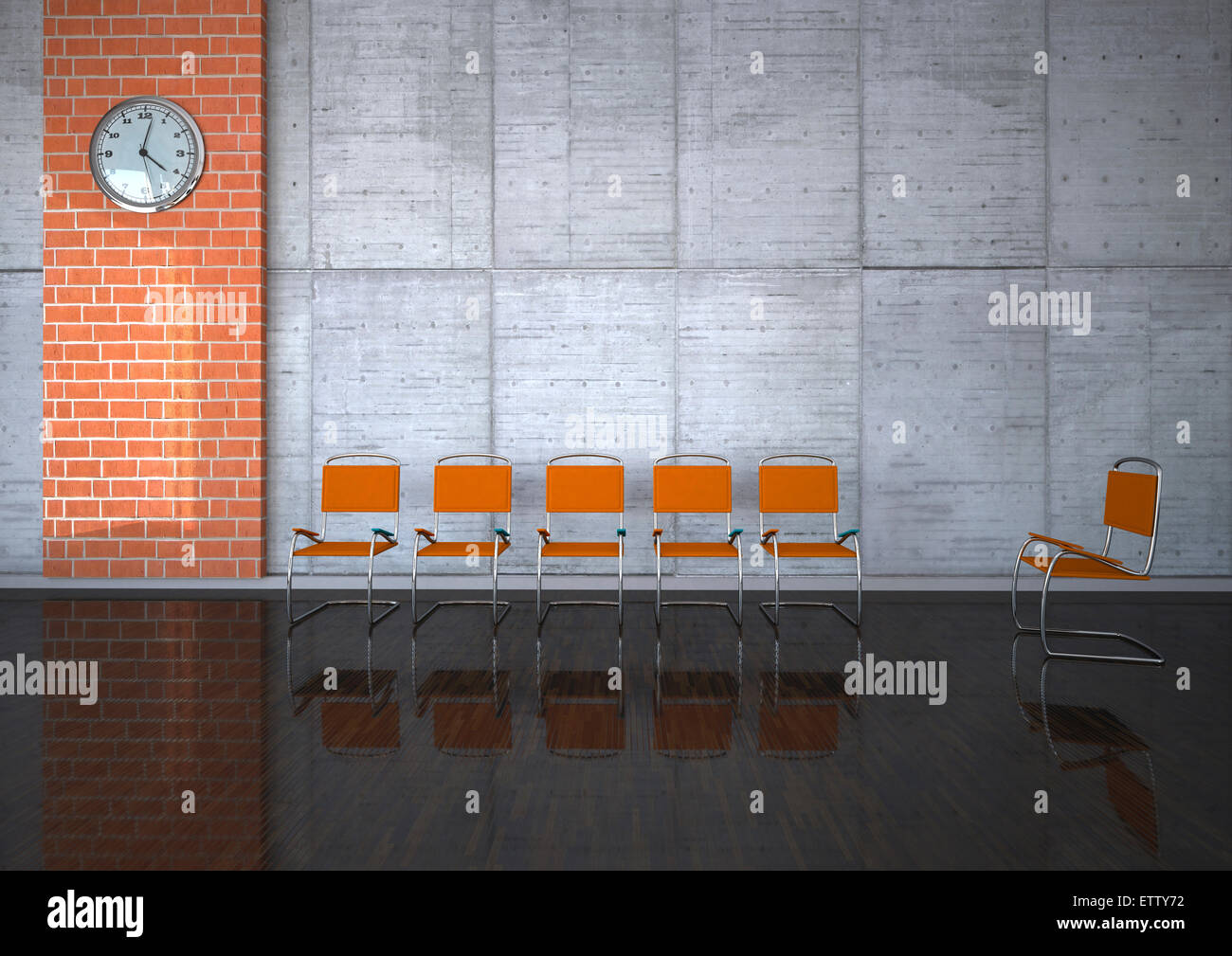 Therapieraum mit orange Stühle und Wanduhr, 3D Rendering Stockfoto