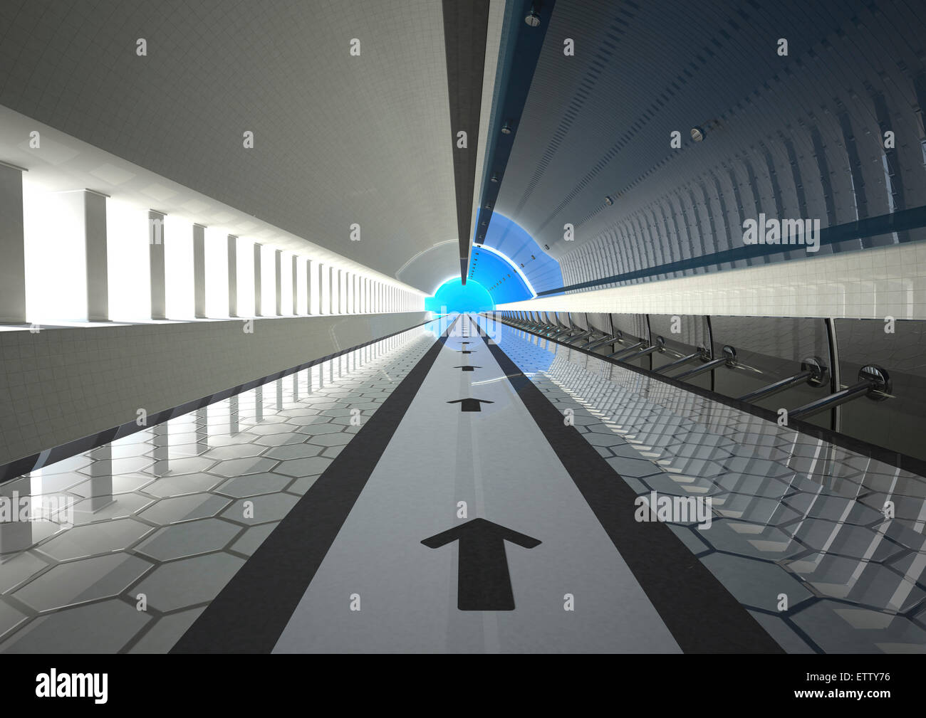 Richtungspfeile in einem Tunnel, 3D Rendering Stockfoto