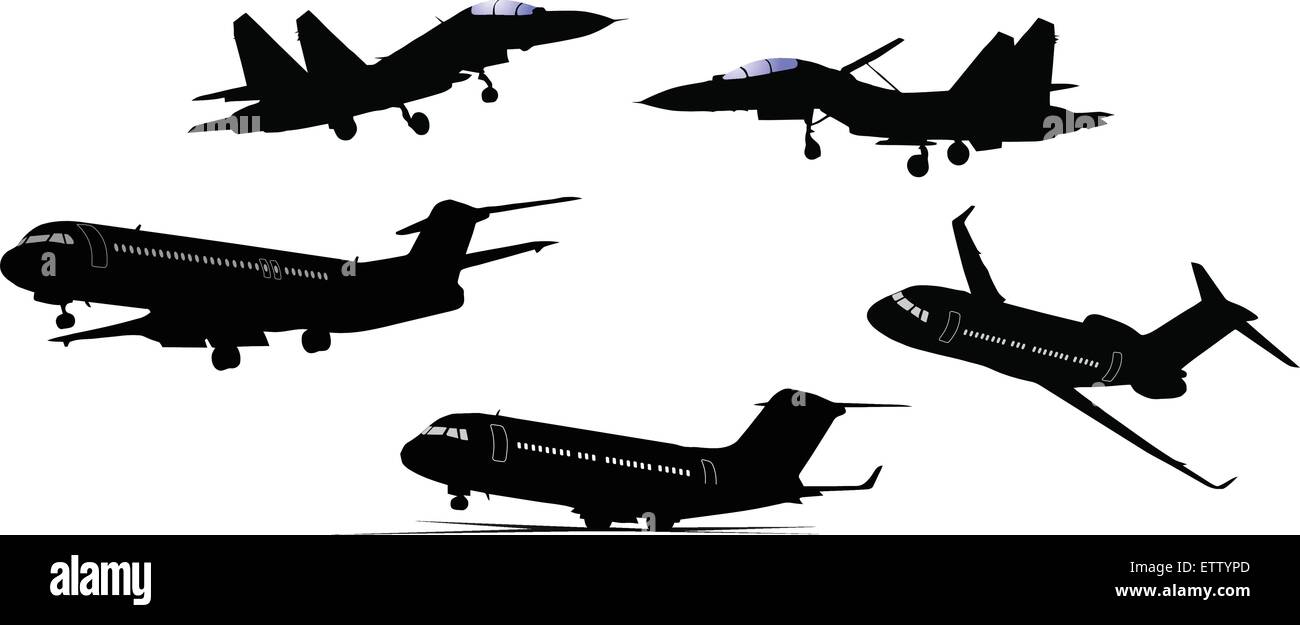 Fünf schwarze und weiße Flugzeug Silhouetten. Vektor-illustration Stock Vektor