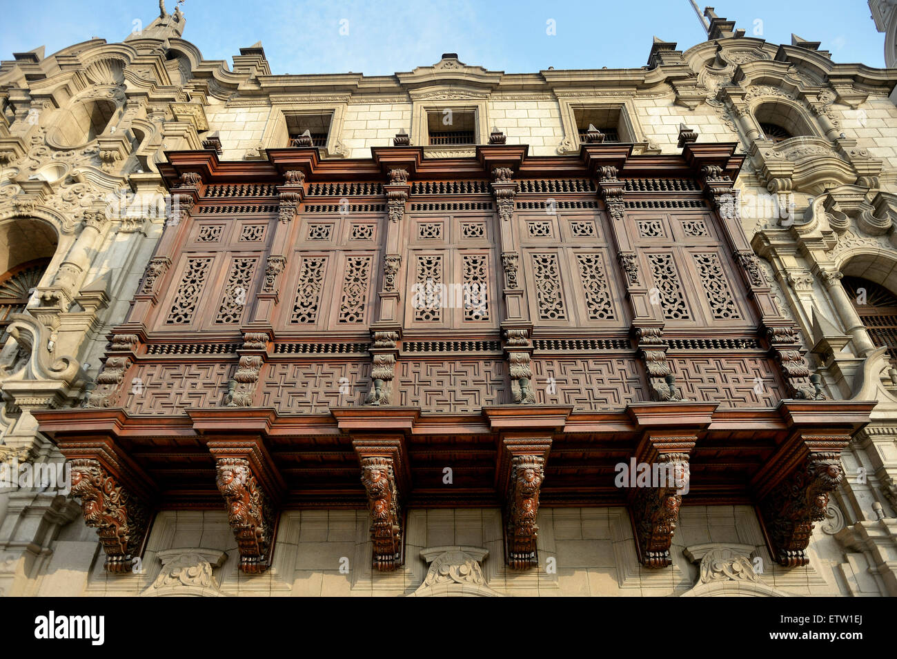 Peru, Lima, UNESCO-Weltkulturerbe, hölzernen Erker an der Archbisho-Palast Stockfoto