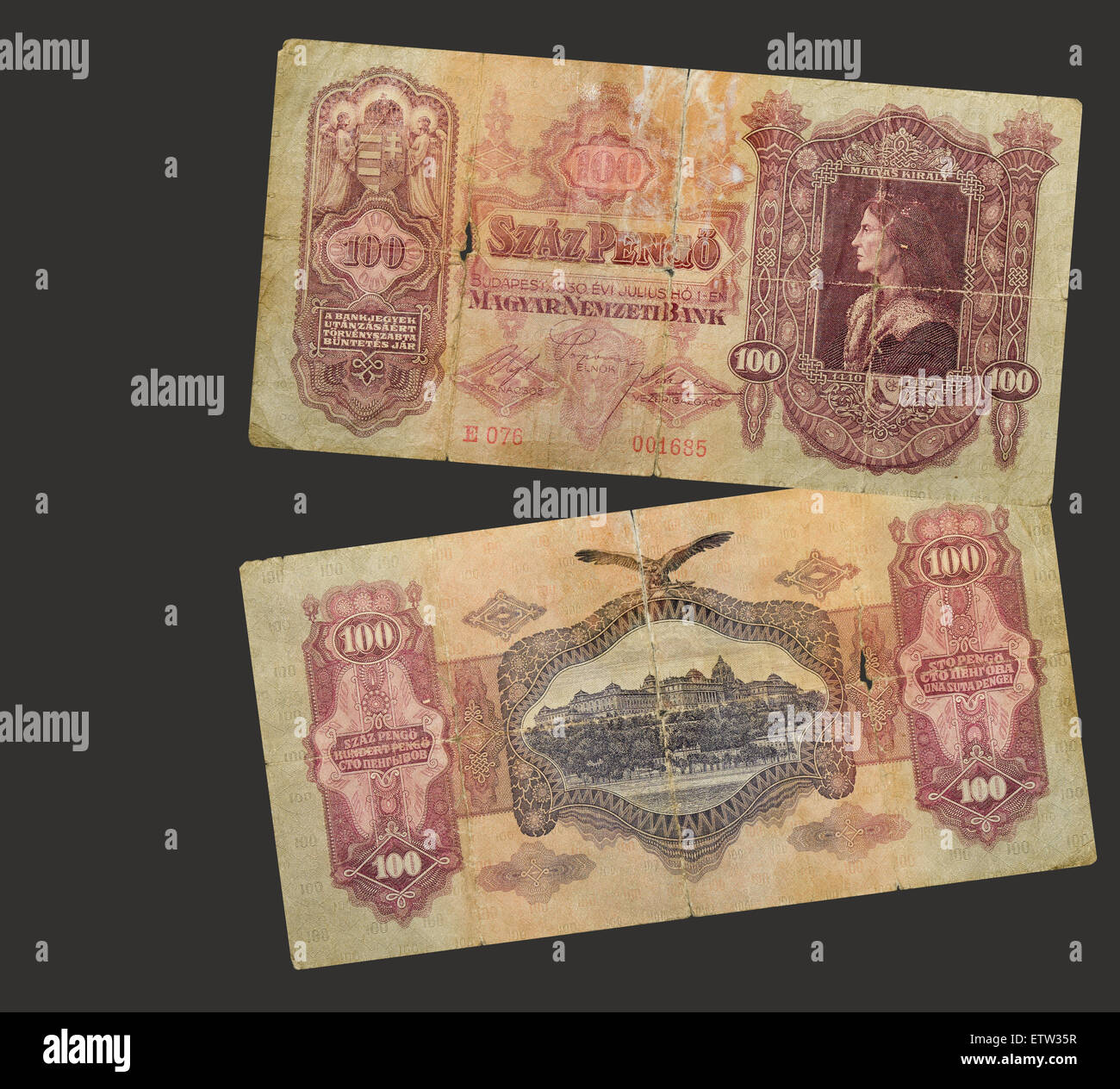 Ungarn - um 1930: eine Banknote von 100 Pengo Worth - rückgängig zu machen und zu beobachten, um 1930. Stockfoto