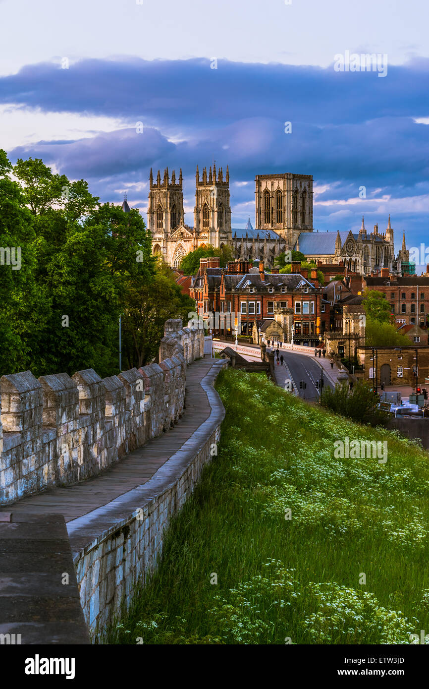 York Stadtbild Ansicht von den mittelalterlichen Mauern mit York Minster im Hintergrund. Stockfoto