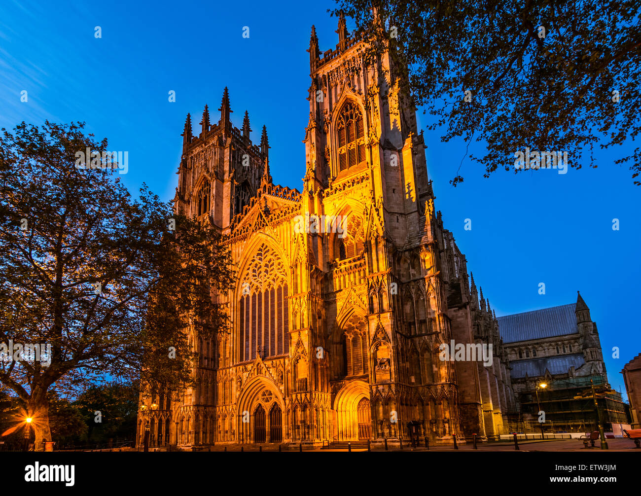 York Minster am Abend; ist die Kathedrale von York, England, und ist eines der größten seiner Art in Nordeuropa Stockfoto
