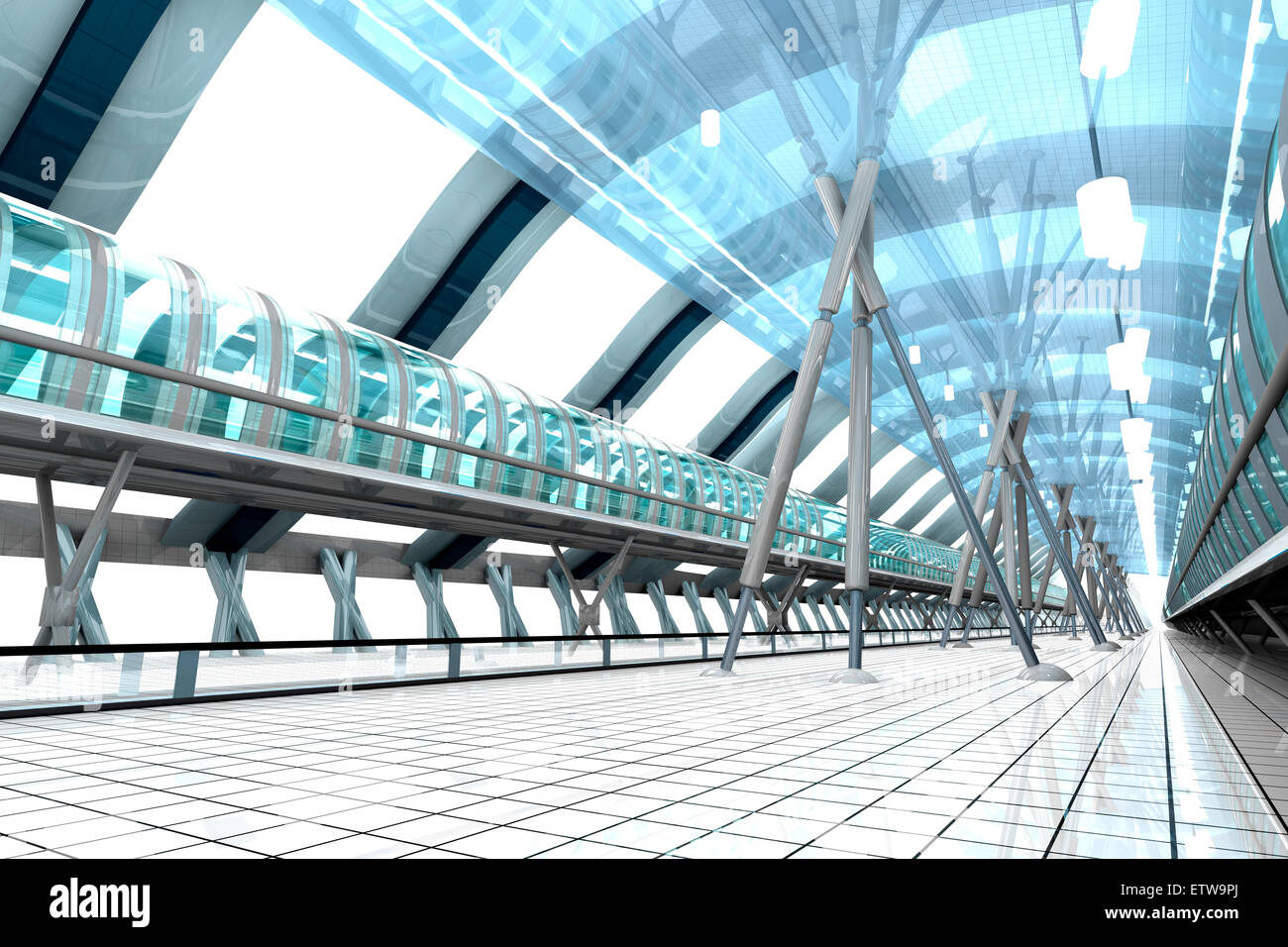 Indoor Blick auf einen futuristischen Bahnhof, 3D Rendering Stockfoto