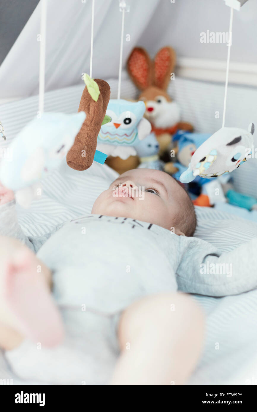 Baby lag in Krippe betrachten Kuscheltiere Stockfoto